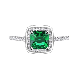 Elegant 925 sterling silver ring with square emerald cut green stone and halo crystals