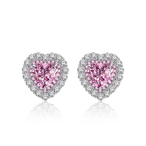 Luxury 925 Sterling Silver Heart Stud Earrings For Women Pink Yellow Rhinestone Double Halo Sparkly Jewelry Romantic Gift