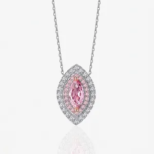 Collier en Argent Sterling 925 en Forme d'Oeil Marquise Zirconia pour Femmes Incrustation de Gemmes Rose Blanc Double Halo Bijoux
