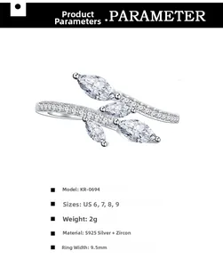 Detailed parameter chart for S925 sterling silver leaf ring with marquise zircon stones