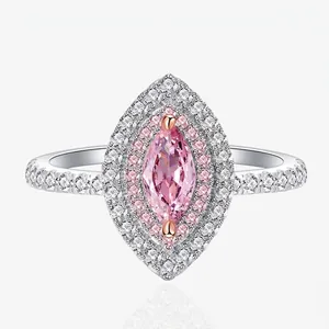 Bague en Argent Sterling 925 avec Strass Rose Taille Marquise pour Femme Double Halo Sertissage Pavé Bijoux de Luxe Cadeau