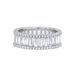 Eternity ring with baguette-cut and round white zircons in a polished silver setting