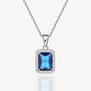 Elegant 925 Sterling Silver Emerald Cut Zirconia Pendant Necklace For Women Classic Halo Square Zircon Necklace Jewelry