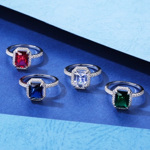 Anelli halo in argento 925 con zirconi rettangolari rossi, blu, verdi e bianchi