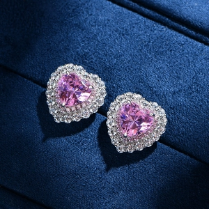 Sparkling pink heart-shaped crystal stud earrings with double halo zircon in silver setting