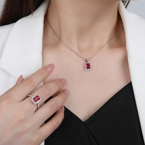 Elegant S925 silver necklace and ring set featuring rectangular red gemstone pendants