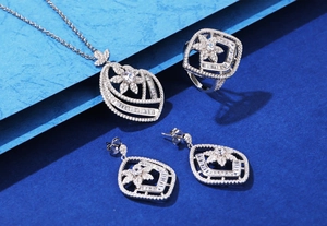 Detailed view of S925 sterling silver floral jewelry set with pavé cubic zirconia