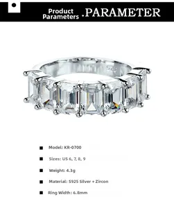Tableau de paramètres détaillé pour bague large en argent S925 avec pierres à coupe rectangulaire