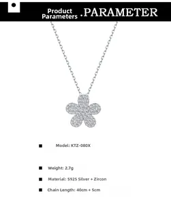 Vue détaillée du collier fleur en argent 925 avec zircons et spécifications du produit
