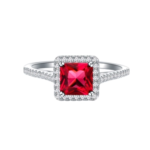 Elegant S925 silver ring featuring a square ruby centerpiece with halo diamonds