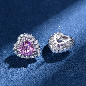 925 silver heart stud earrings with purple ice-cut stone and double halo setting