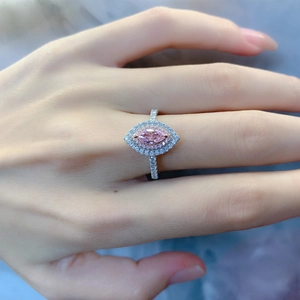 Bague en argent 925 avec diamant rose taille marquise et sertissage double halo