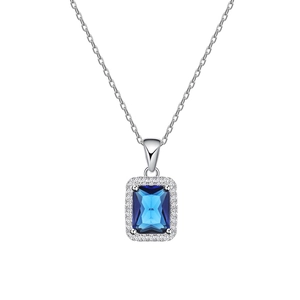 S925 silver necklace featuring rectangular blue sapphire pendant with zircon halo