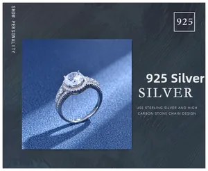 Macro detail of a 925 sterling silver engagement ring with round cubic zirconia stones