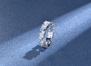 Macro shot of S925 sterling silver stamp on the inner band of a baguette-cut ring