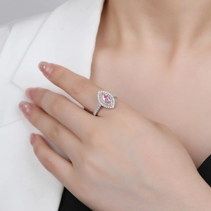 Bague en argent 925 avec diamant rose taille marquise et serti double halo pavé