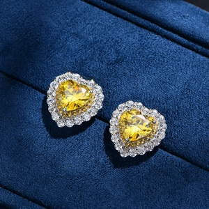 Luxury heart-cut yellow gemstone stud earrings in 925 silver halo setting with box