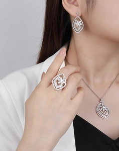 Detailed view of S925 silver flower necklace and earring set with cubic zirconia stones