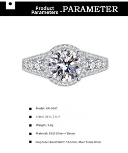 Macro view of S925 silver ring with 8mm round cubic zirconia and detailed product specs