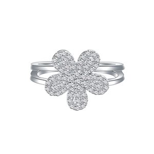 925 sterling silver flower ring with micro-paved zircons and minimalist double-line band