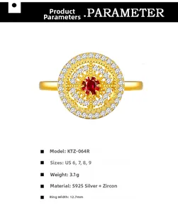 Detailed top view of 925 silver gold-plated ring with hollow pavé diamonds and ruby