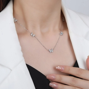 Elegant S925 sterling silver butterfly necklace with five sparkling zircon pendants for women