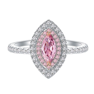 Bague marquise en argent 925 avec diamant rose et double halo étincelant