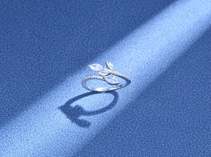 Macro shot of S925 sterling silver ring featuring marquise-cut zircon leaf details
