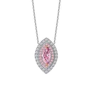 Collier en argent S925 avec pierre rose taille marquise et pendentif à double halo