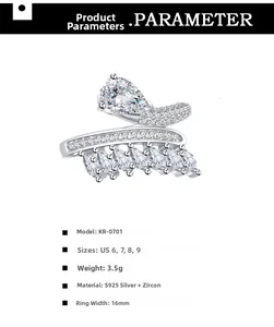 Detailed specifications of S925 silver feather ring with pear-cut zircon and dimensions