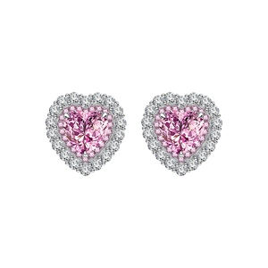 Pink heart-cut zircon stud earrings with double halo stones in 925 sterling silver