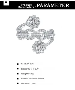 Makroaufnahme von S925 Silber Doppelblumenring mit breitem Band und Zirkon-Pavé