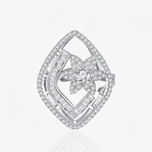 S925 Sterling Silver Rhombus Paved Zirconia Flower Ring For Women Vintage Elegant Geometrical Hollow Finger Ring Jewelry