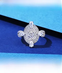 Macro detail of S925 sterling silver ring featuring micro-pave oval diamond setting