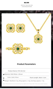 Macro detail of 925 silver four-leaf clover jewelry set with emerald zircon and 18k gold plating