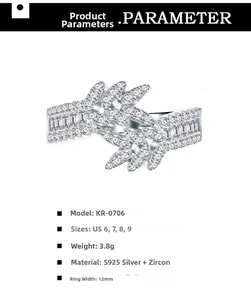 Detailed spec chart of S925 silver leaf ring with cubic zirconia and dimensions