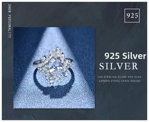 Close-up of 925 silver ring featuring an oval high carbon stone in a floral halo setting