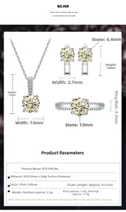 Close-up details of S925 silver jewelry set with 6.5mm yellow carbon diamond studs