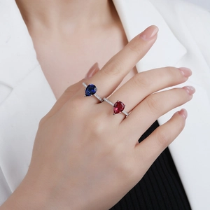 Classic pear-cut blue sapphire and red ruby rings in S925 silver with pavé diamond band