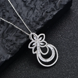 Elegant S925 sterling silver necklace with floral and double U-shaped pavé diamond pendants