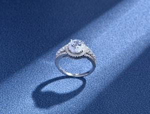 Macro view of a 925 silver ring featuring a large round 5A zircon and pave settings
