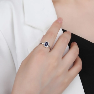 Elegant S925 silver ring with rectangular blue zircon and sparkling diamond halo