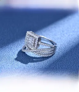 Detailed macro view of silver ring with micro-pave zircon multi-layer line setting