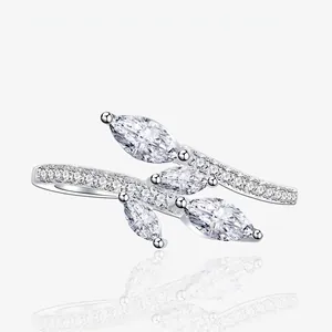 S925 Sterling Silver Leaf Branch Ring Marquise Zirconia Inlaid Elegant Nature Inspired Adjustable Finger Jewelry For Women