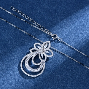 Exaggerated S925 sterling silver necklace with floral pendant and micro-pave diamonds