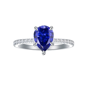 Classic pear cut blue sapphire S925 silver ring with micro paved side diamonds