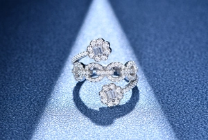Nahaufnahme eines mehrlagigen S925 Silberrings mit pavé-gefassten Blumen- und Kettenmotiven