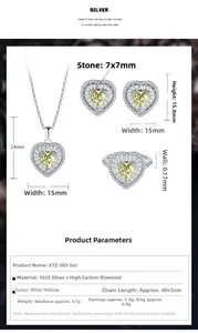 Detail specifications of 7mm yellow heart diamond necklace and jewelry set in S925 silver