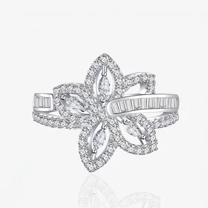 925 Sterling Silver Irregular Flower Ring Luxurious Micro Pave Zirconia Exaggerated Floral Design Wedding Jewelry Ring For Women