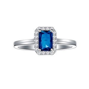 Classic S925 silver ring featuring a rectangular blue sapphire-style zircon with white halo